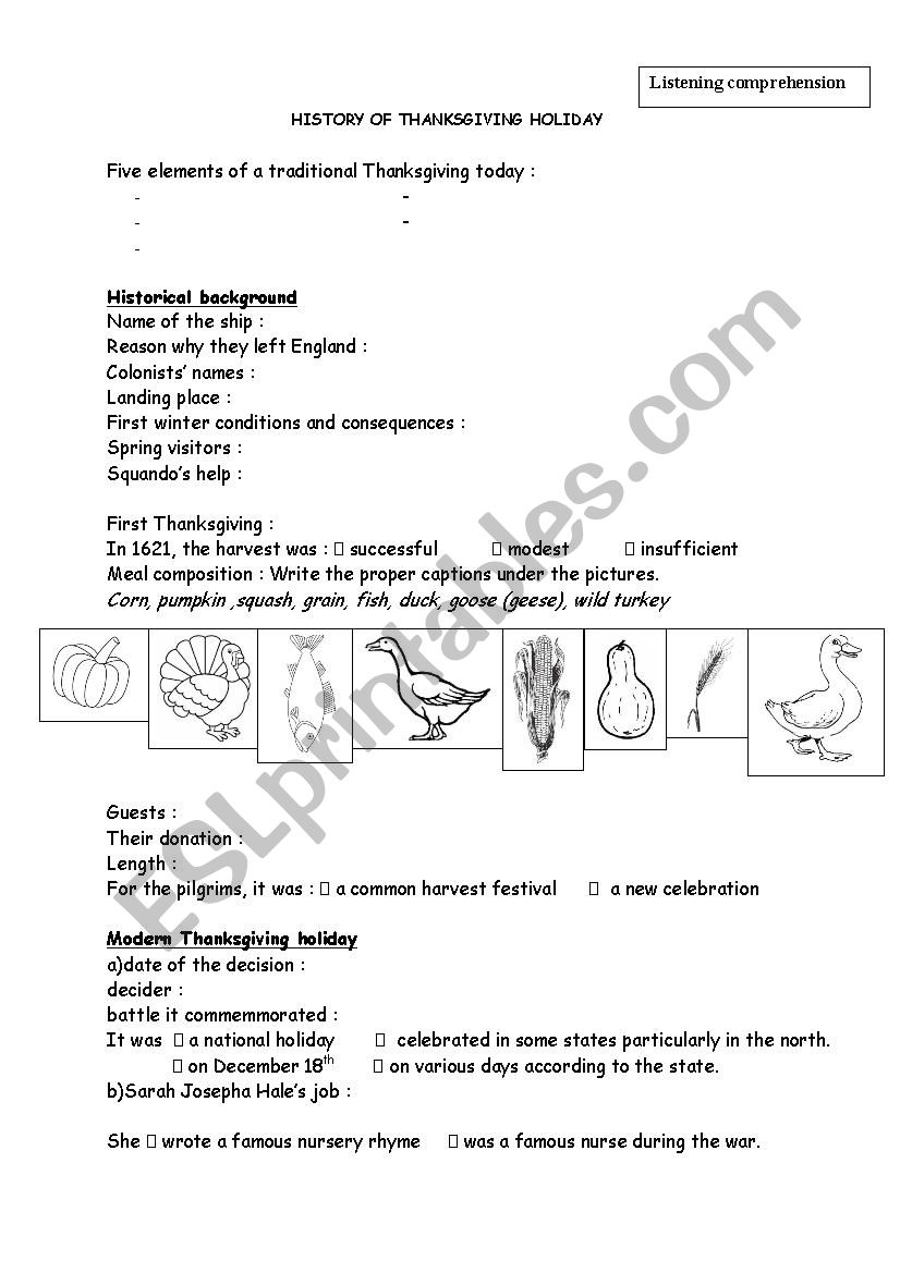 Thanksgiving : the history.  listening comprehension with audiolink