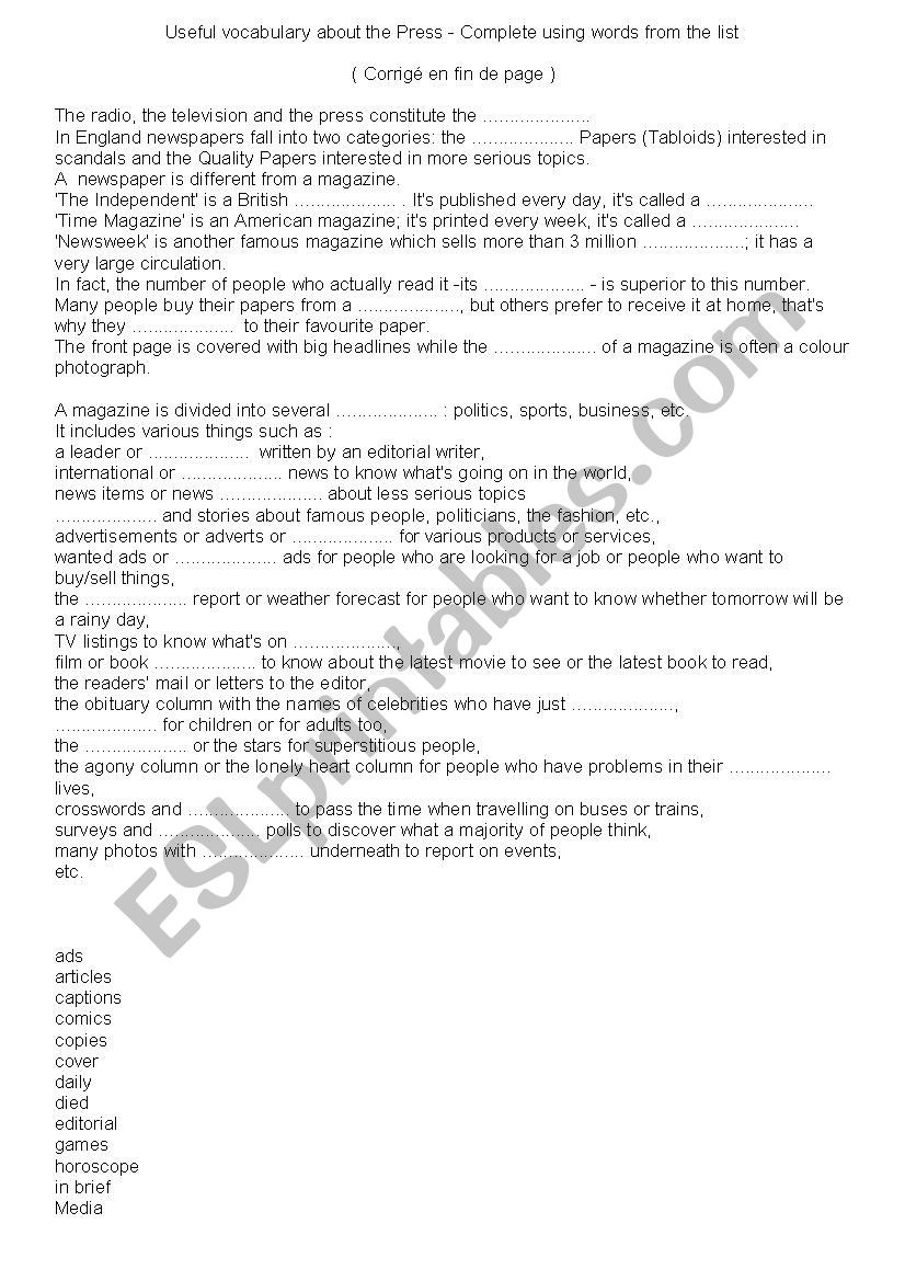 the press worksheet