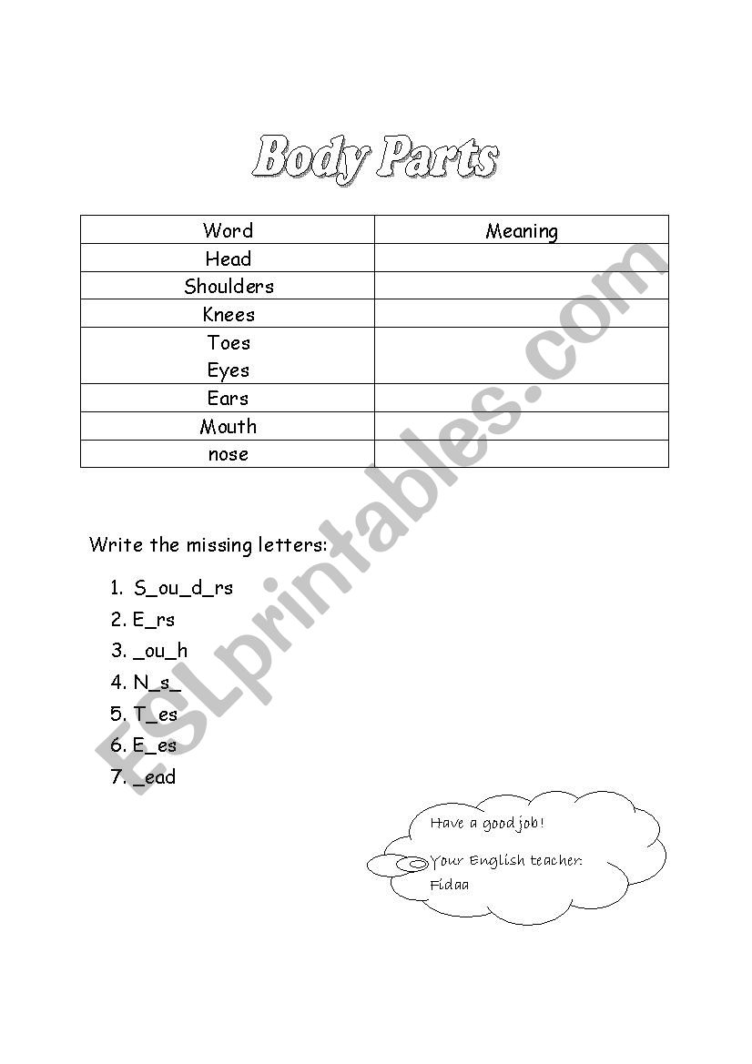 body parts worksheet