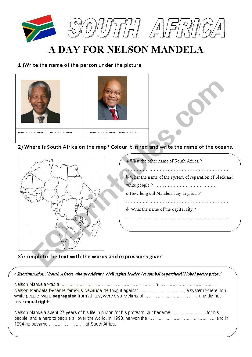 a day for nelson MANDELA worksheet