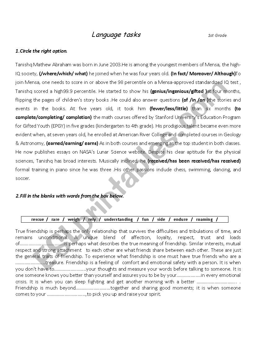 Language tasks for full term test 1 First Form