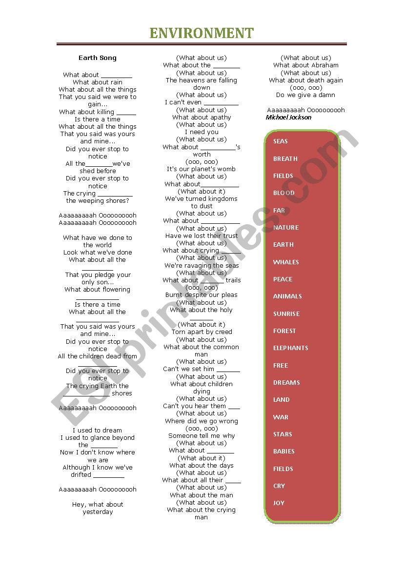 ENVIRONMENT worksheet