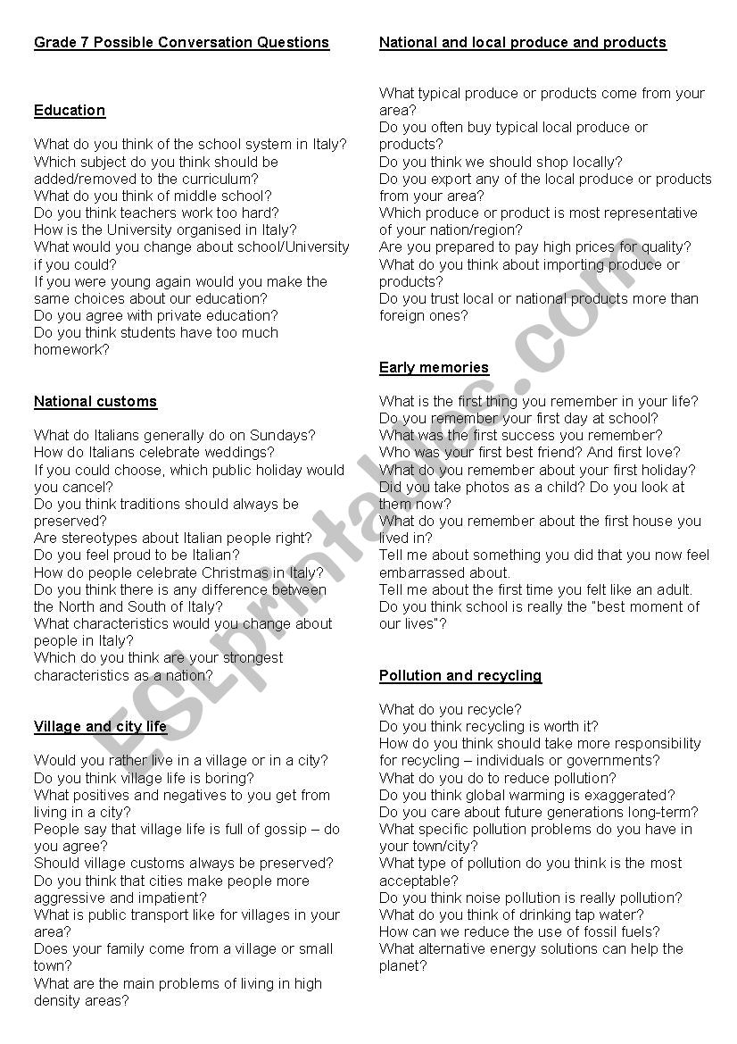 TRINITY GESE GRADE 7 - POSSIBLE CONVERSATION QUESTIONS 