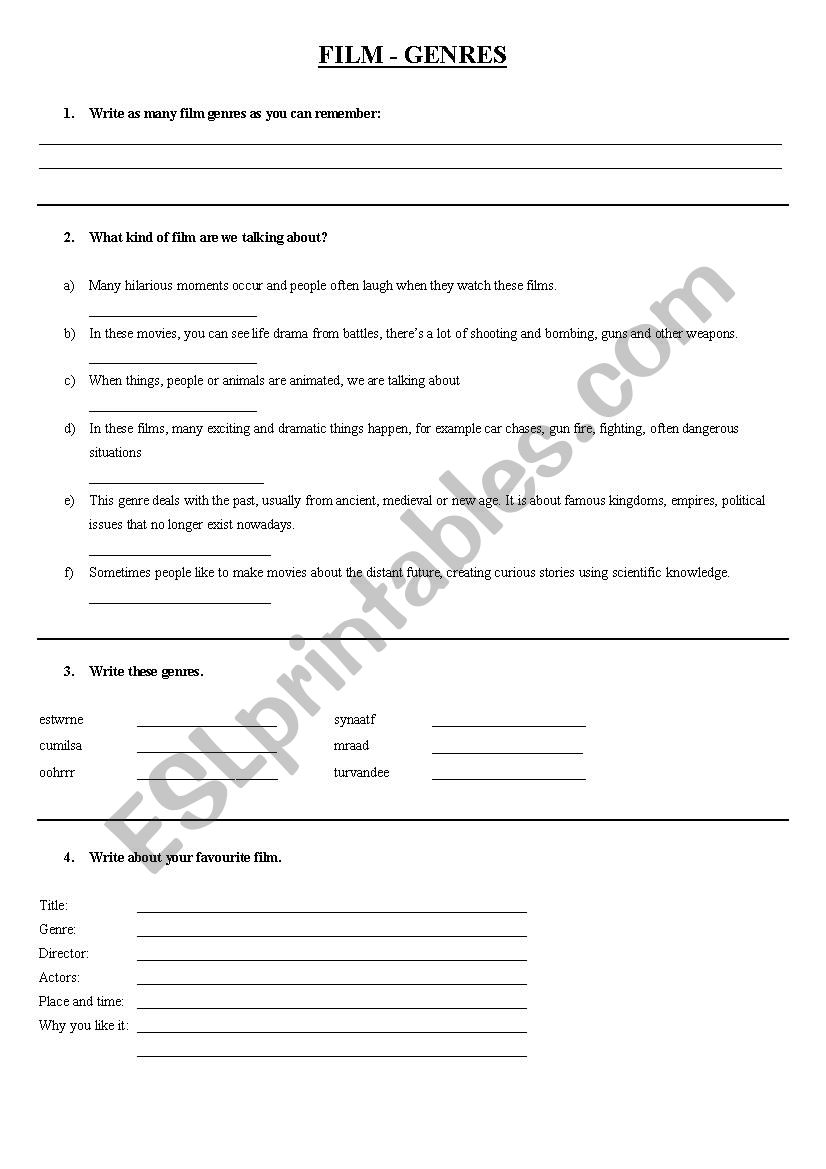 Film Genres worksheet