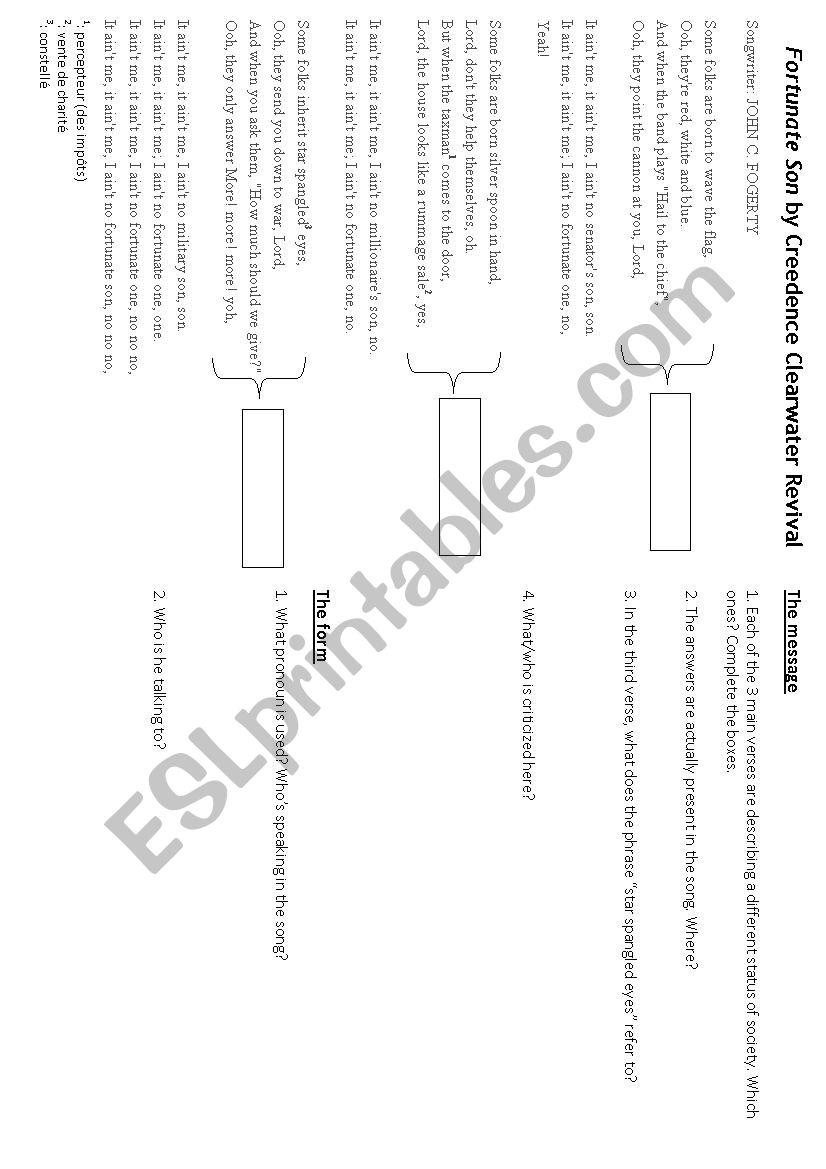 Song Forunate Son by CCR worksheet