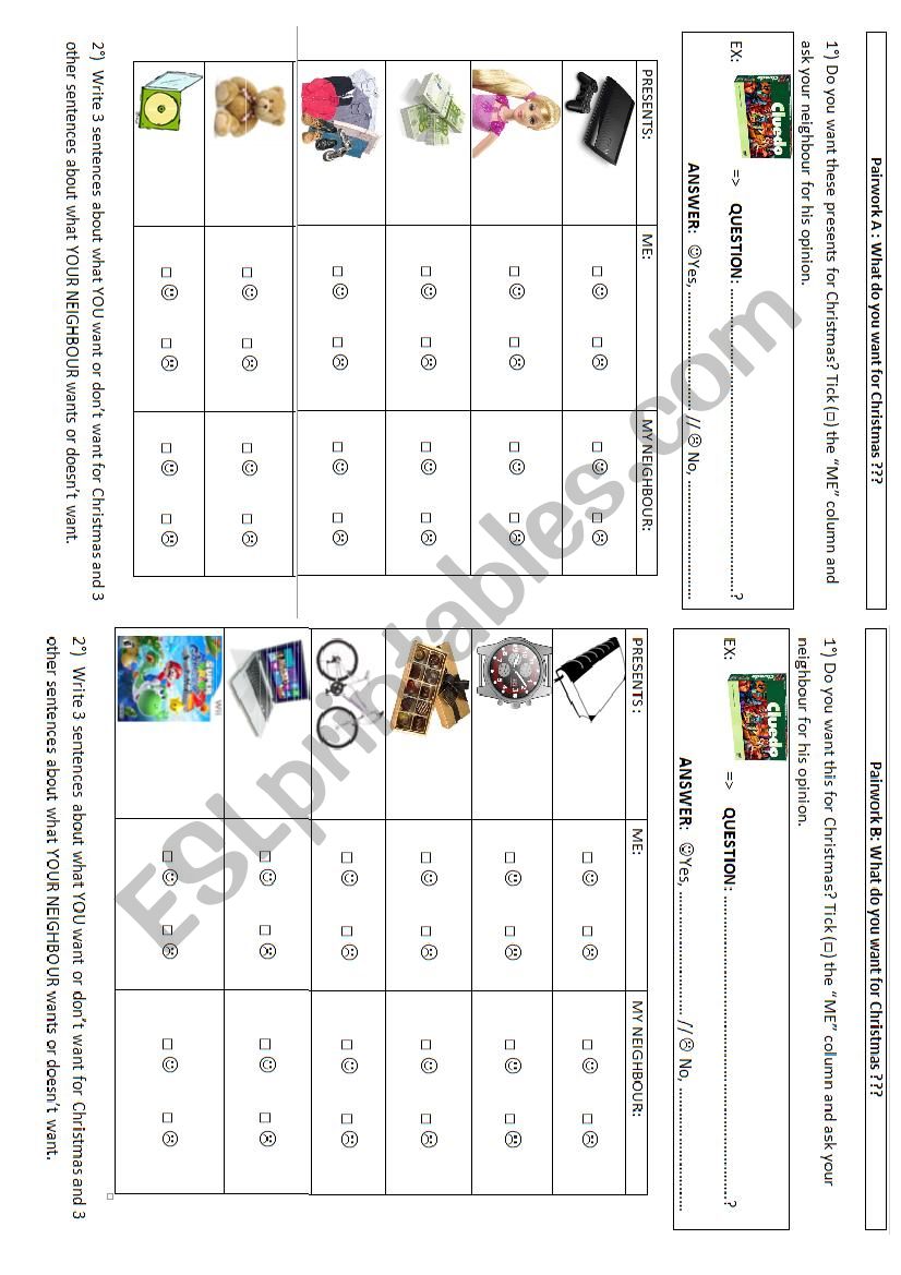 Pairwork - Christmas presents worksheet