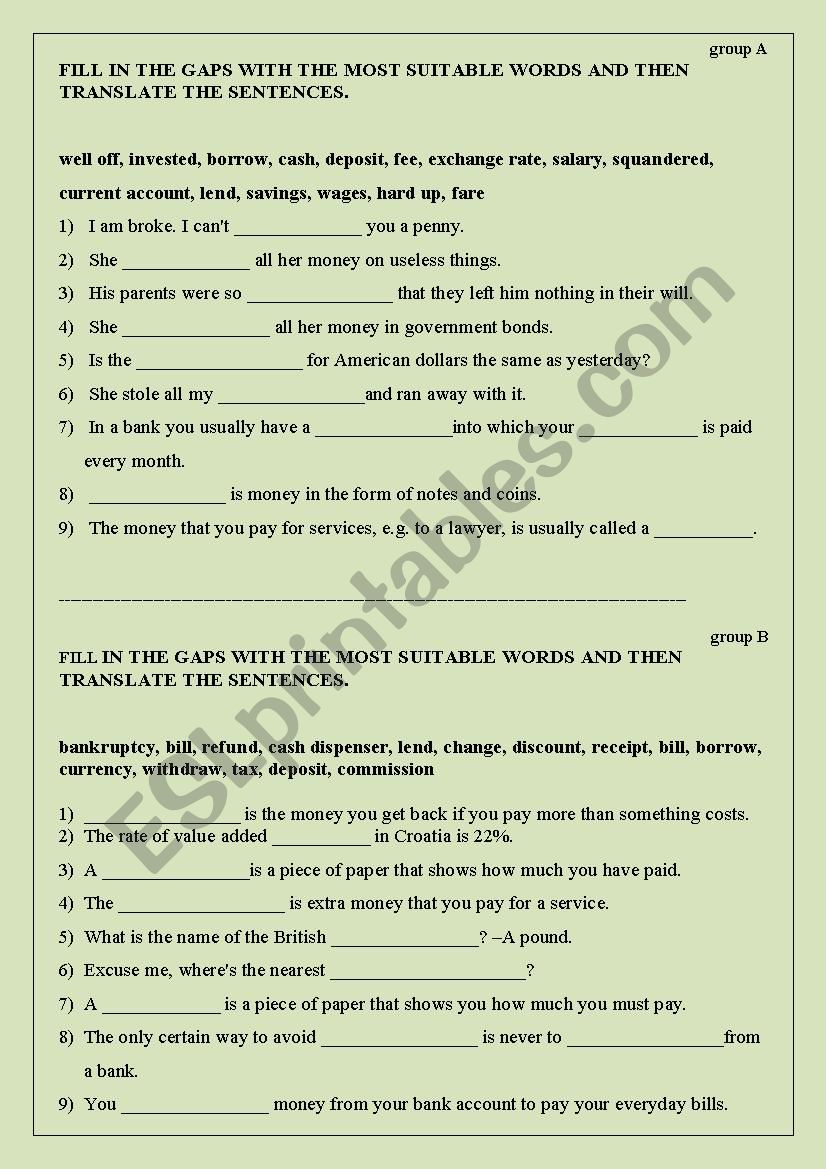 Money worksheet