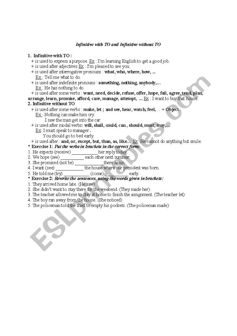 Infinitive or Bare infinitive worksheet