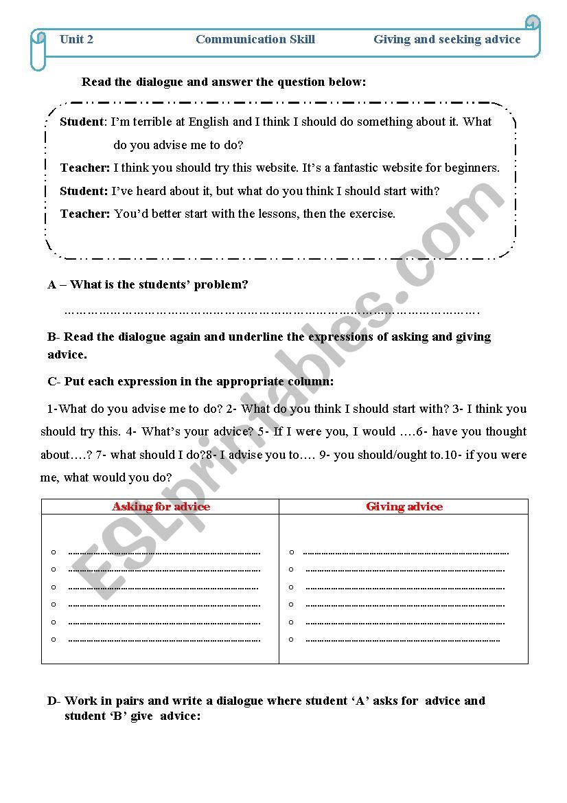 Asking and seeking advice worksheet