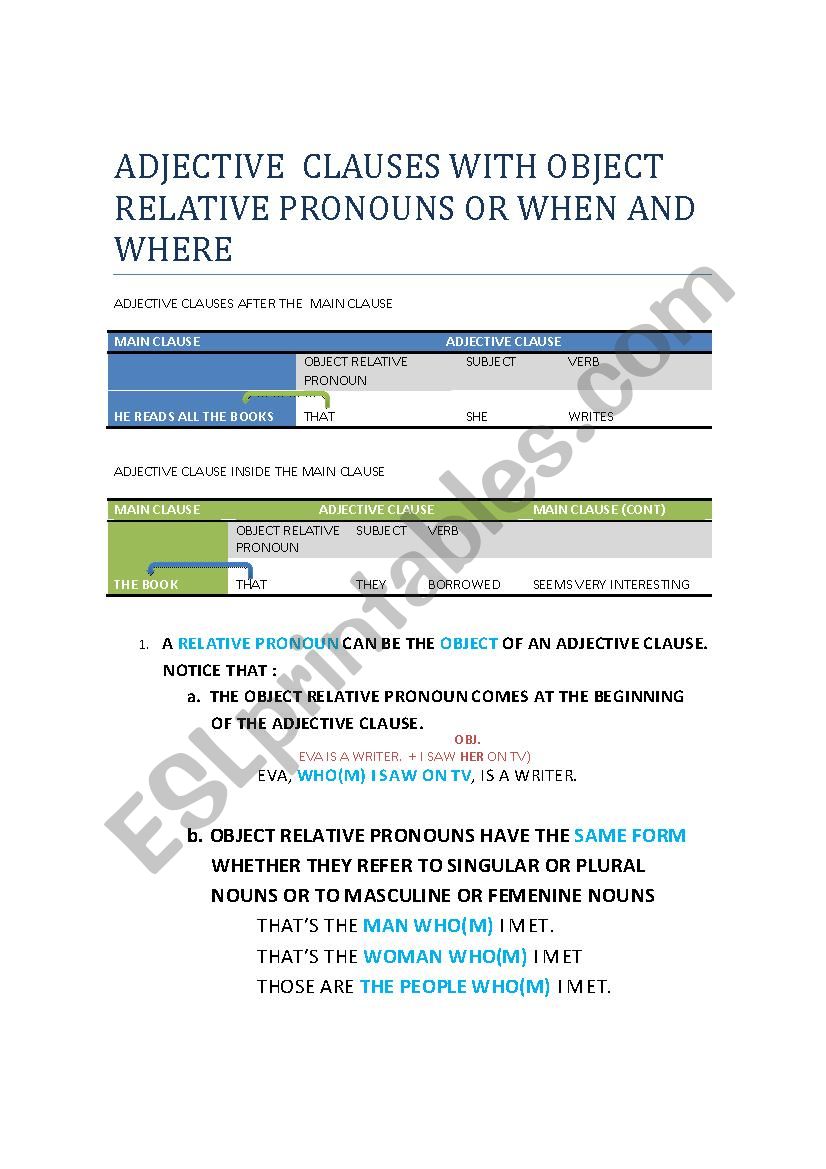 ADJECTIVE  CLAUSES WITH OBJECT RELATIVE PRONOUNS OR WHEN AND WHERE