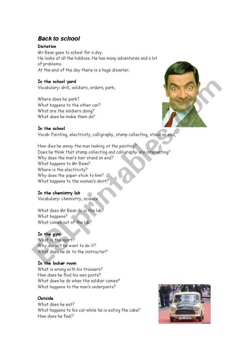 Mr Bean goes to school worksheet