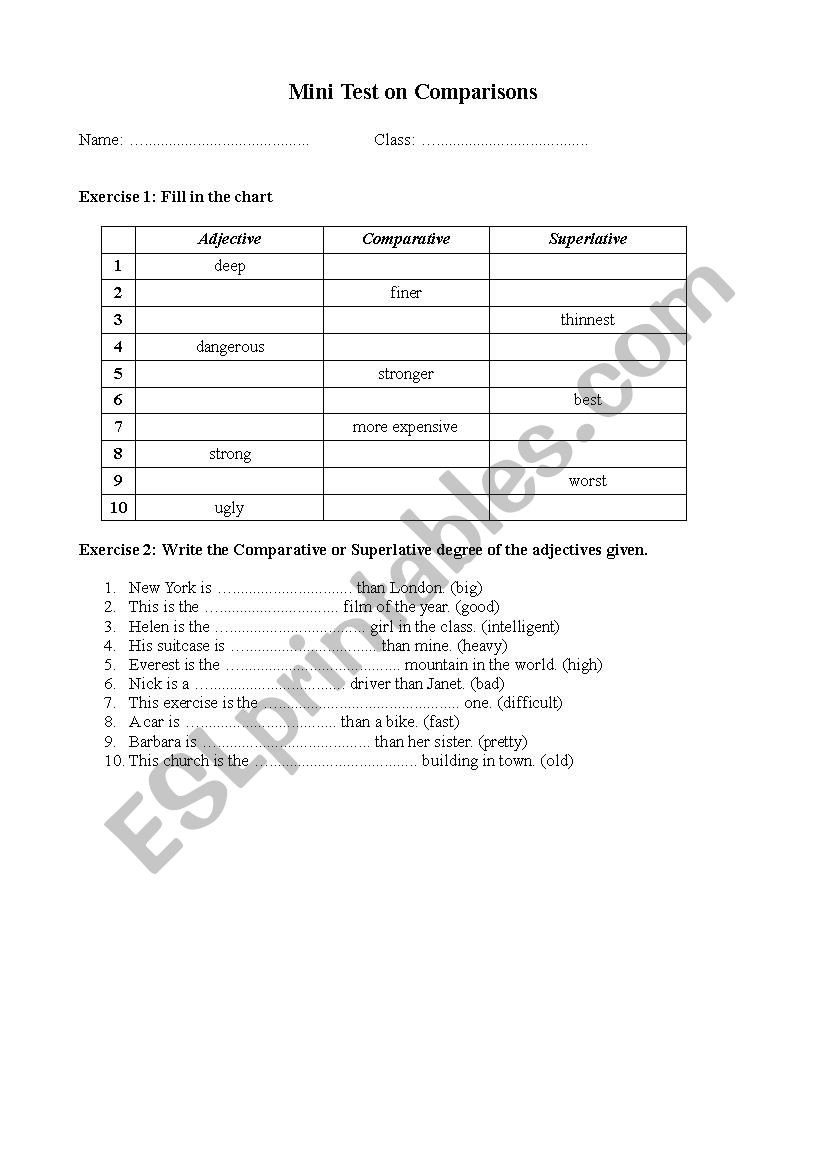 Mini Test on Comparisons  worksheet