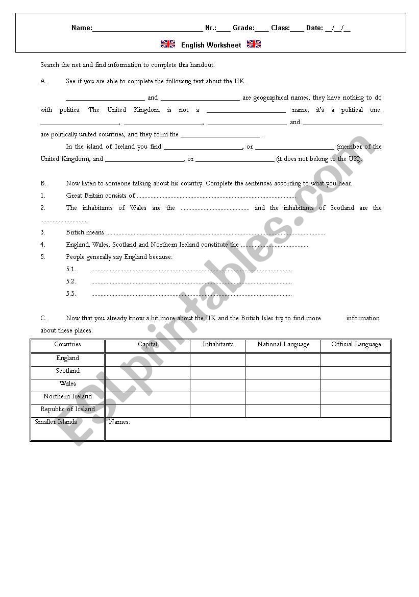 The Bristish Isles worksheet