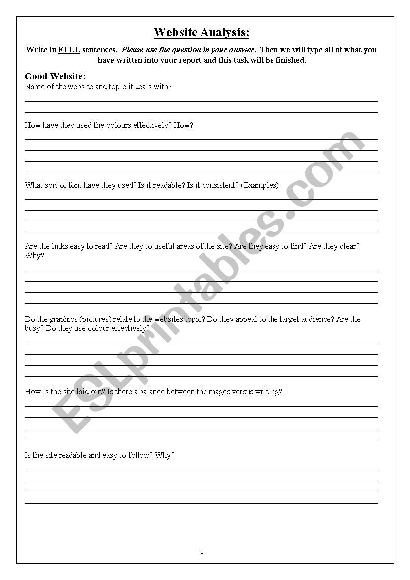 Website Analysis worksheet