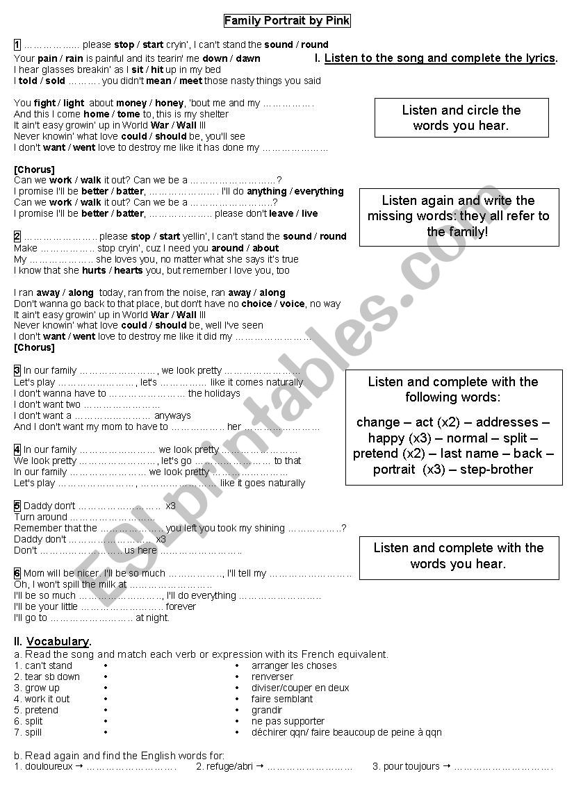 Family Portrait by Pink worksheet