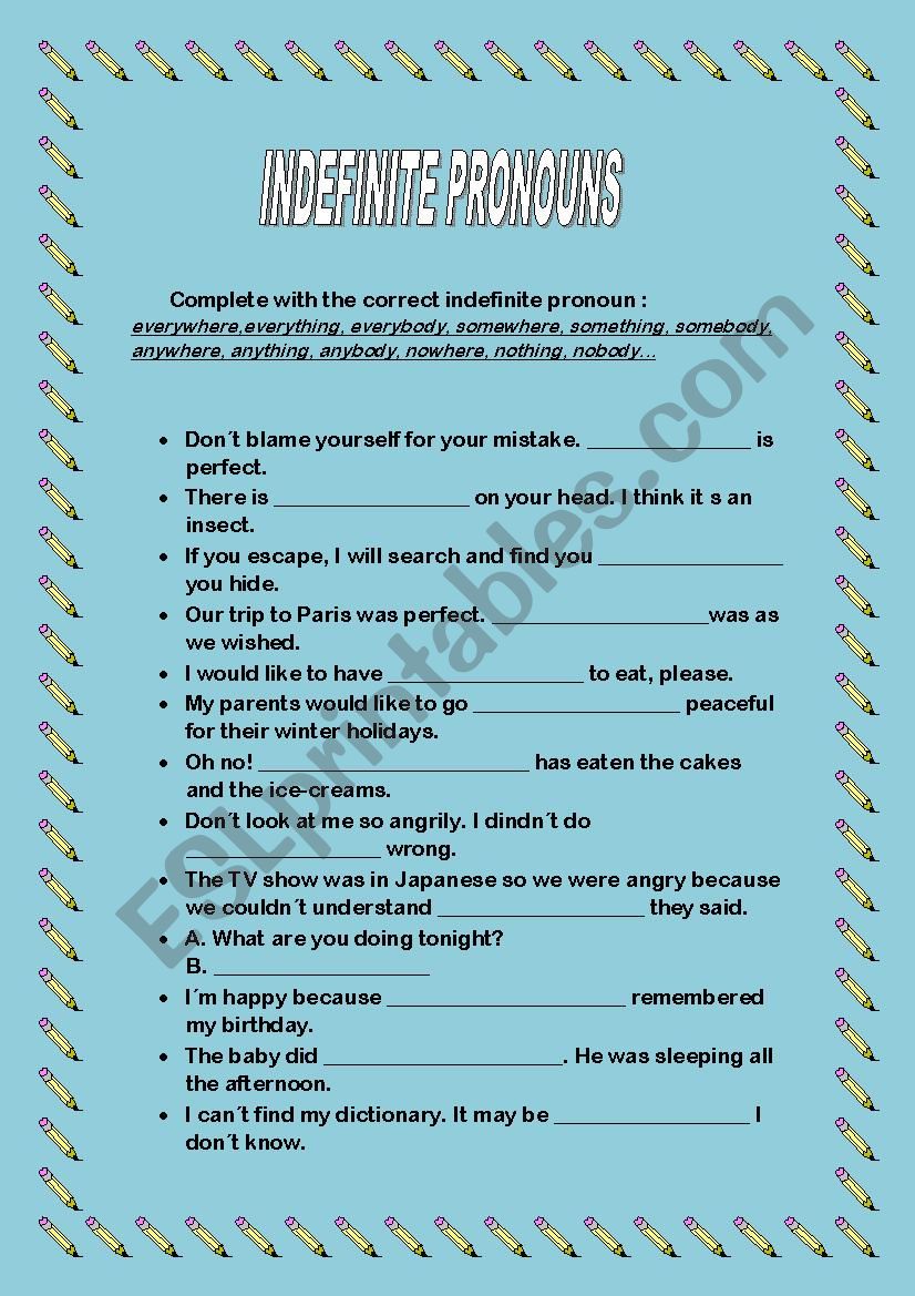 INDEFINITE PRONOUNS worksheet