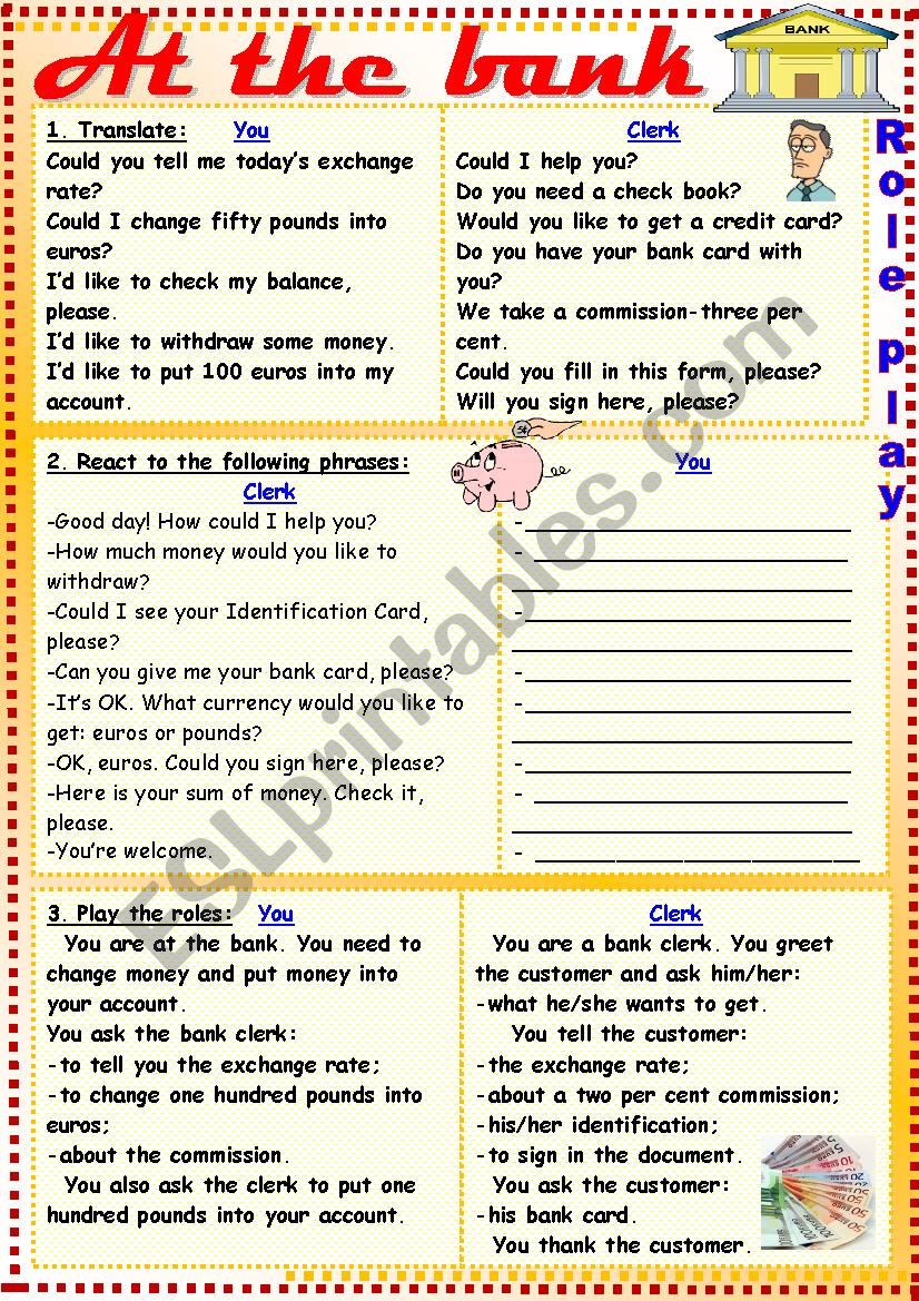 At the bank (a role-play) worksheet