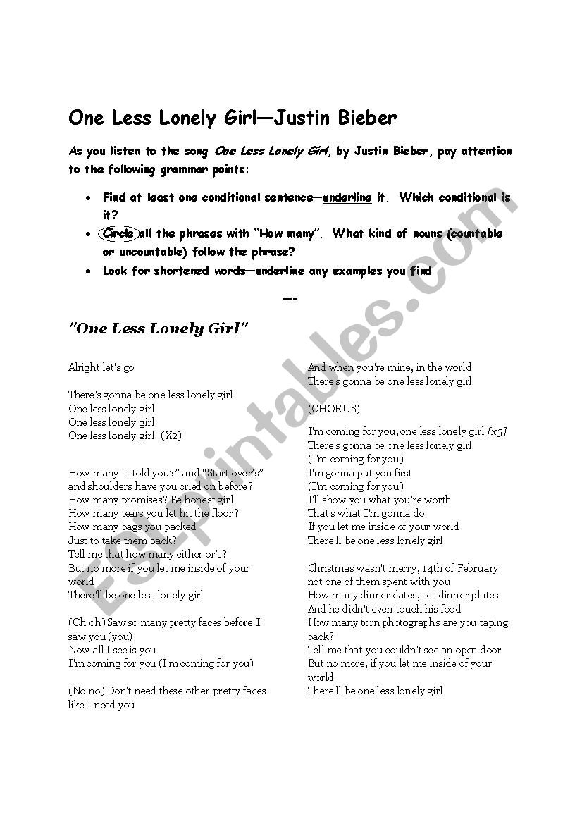 One less lonely girl-Justin Bieber with lyrics 