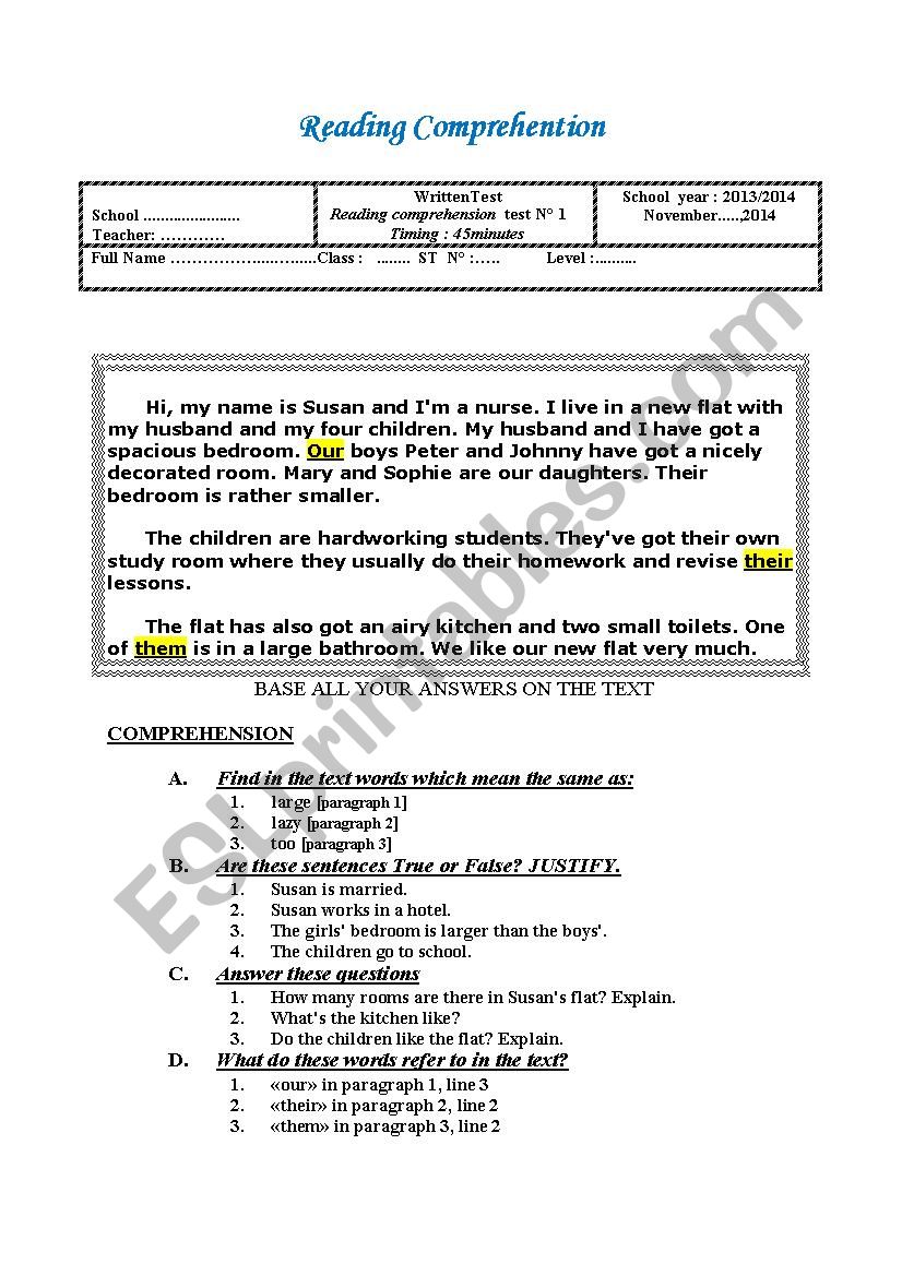 READING COMPREHENSION TEST worksheet