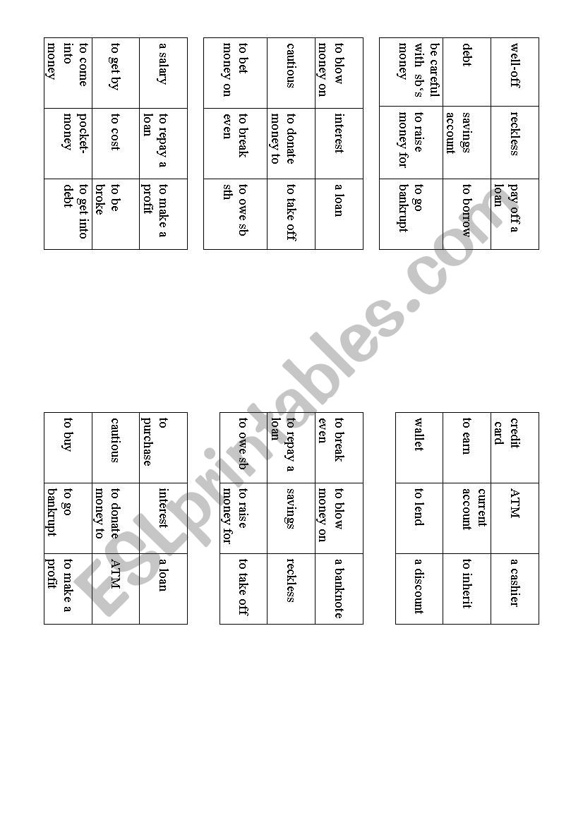 Money/business vocabulary noughts and crosses