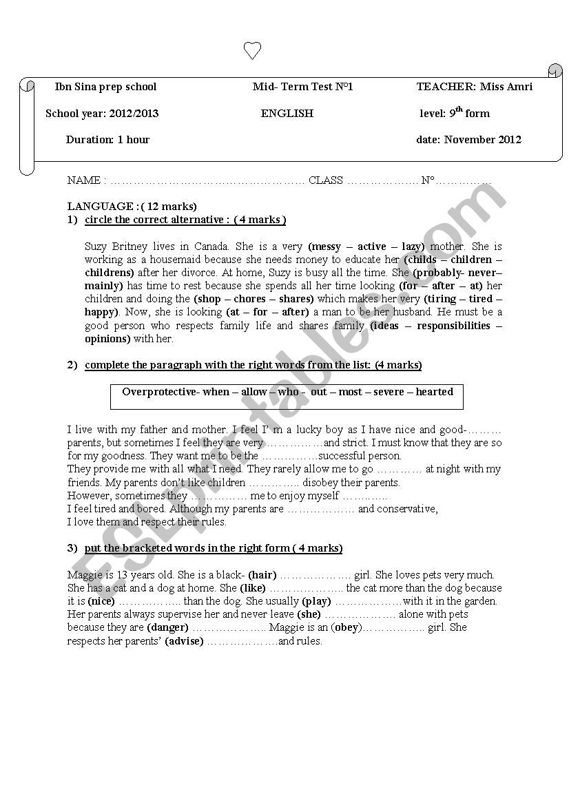 english test 9 th year form worksheet