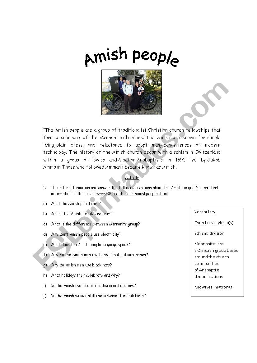 Amish people worksheet