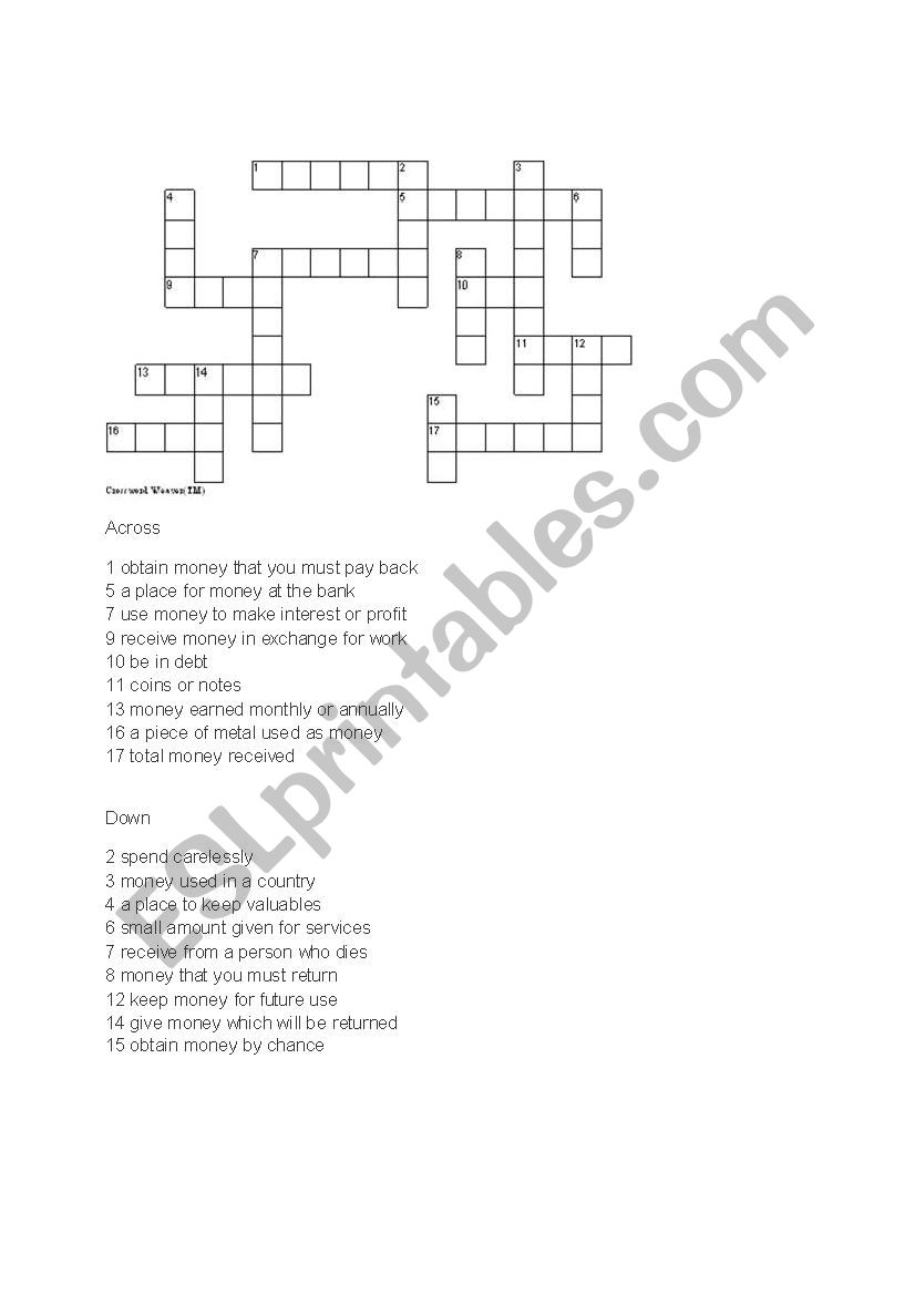 Money crossword worksheet