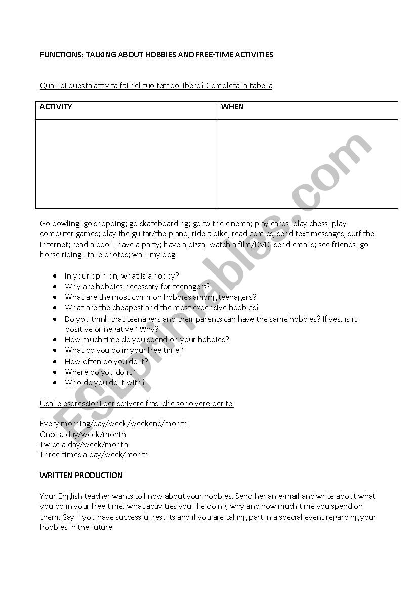 free time activities worksheet