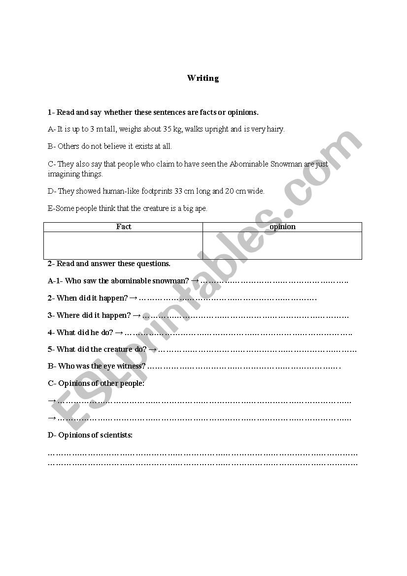 Writing worksheet