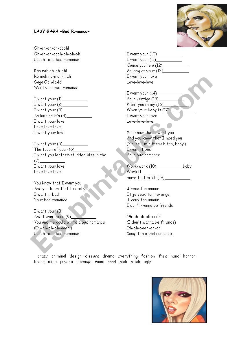 Bad Romance by Lady Gaga worksheet