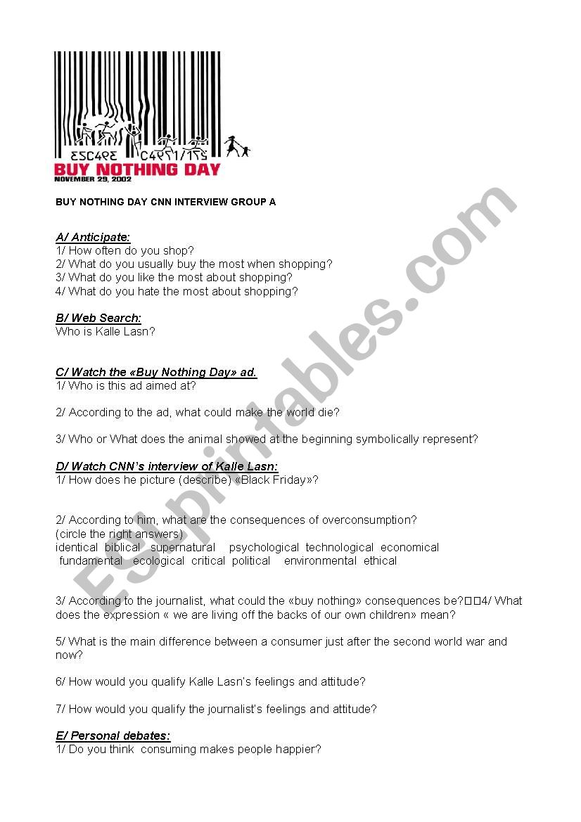 BUY NOTHING DAY GROUP A worksheet