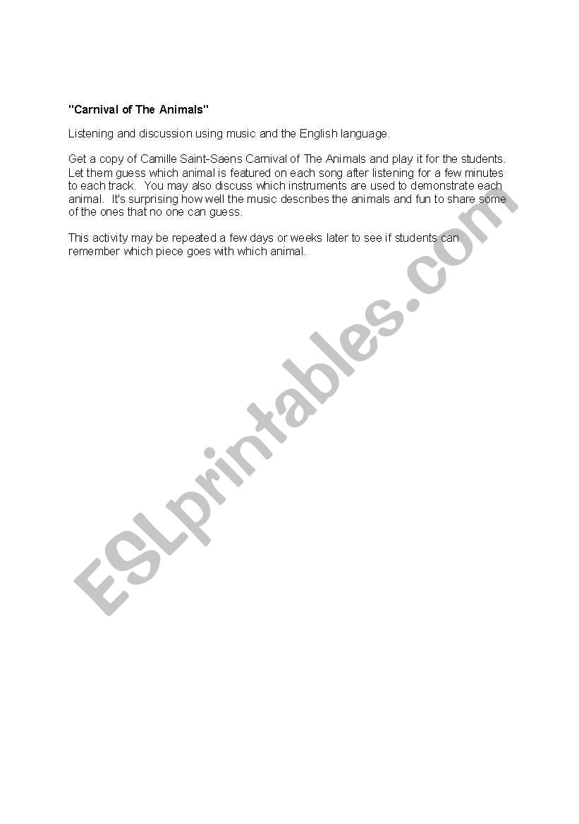 Carnival of The Animals worksheet
