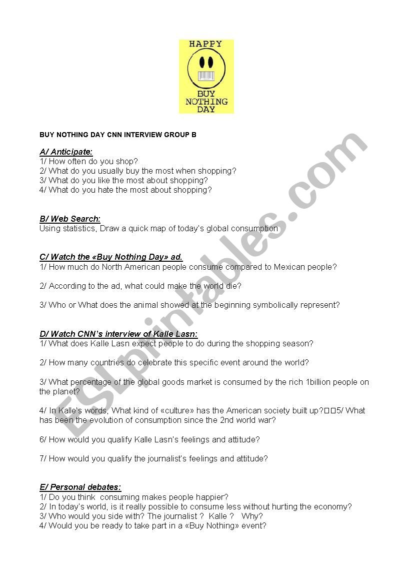 BUY NOTHING DAY GROUP B worksheet