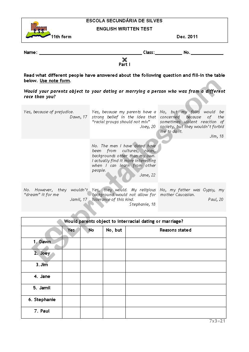 Interracial marriage worksheet