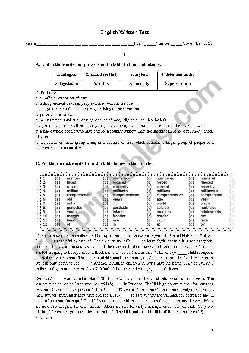 Refugees worksheet