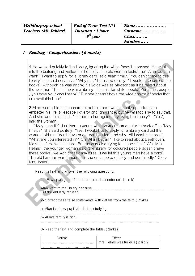 end term test 9th grade worksheet