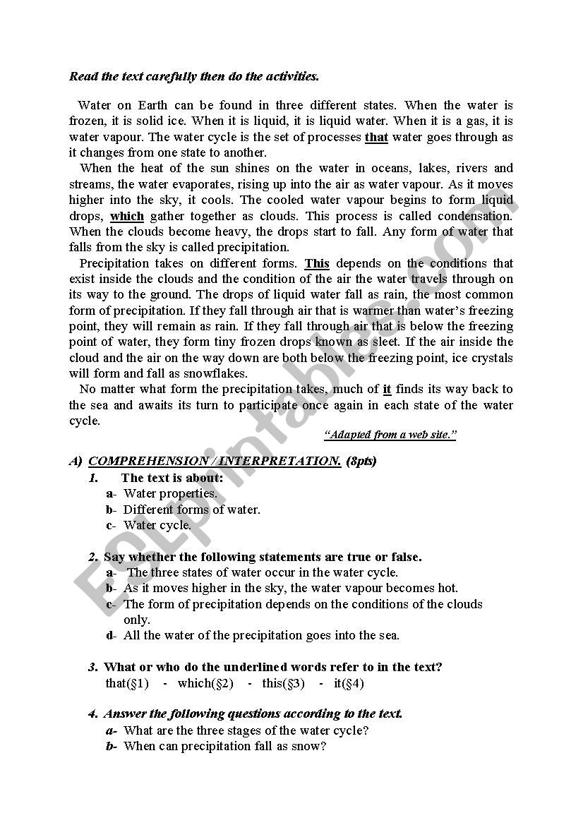 water cycle  worksheet