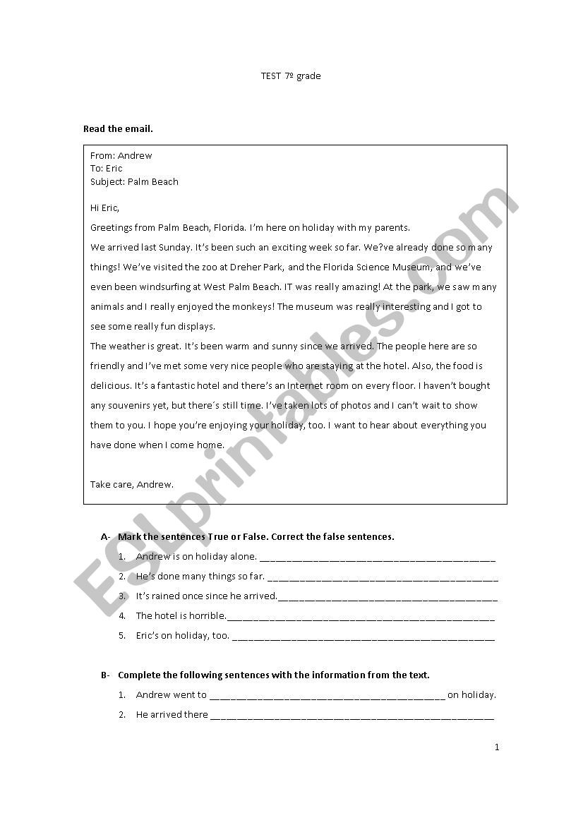 test grade 7 worksheet
