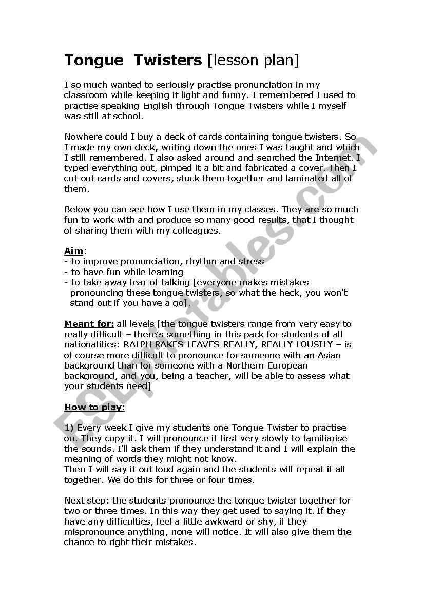 Tongue Twisters lesson plan worksheet