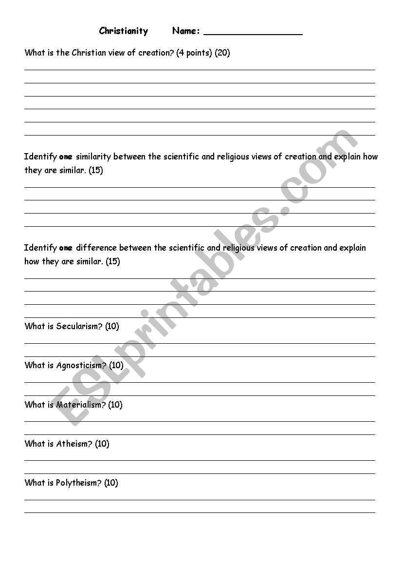 Challenges to Christianity worksheet