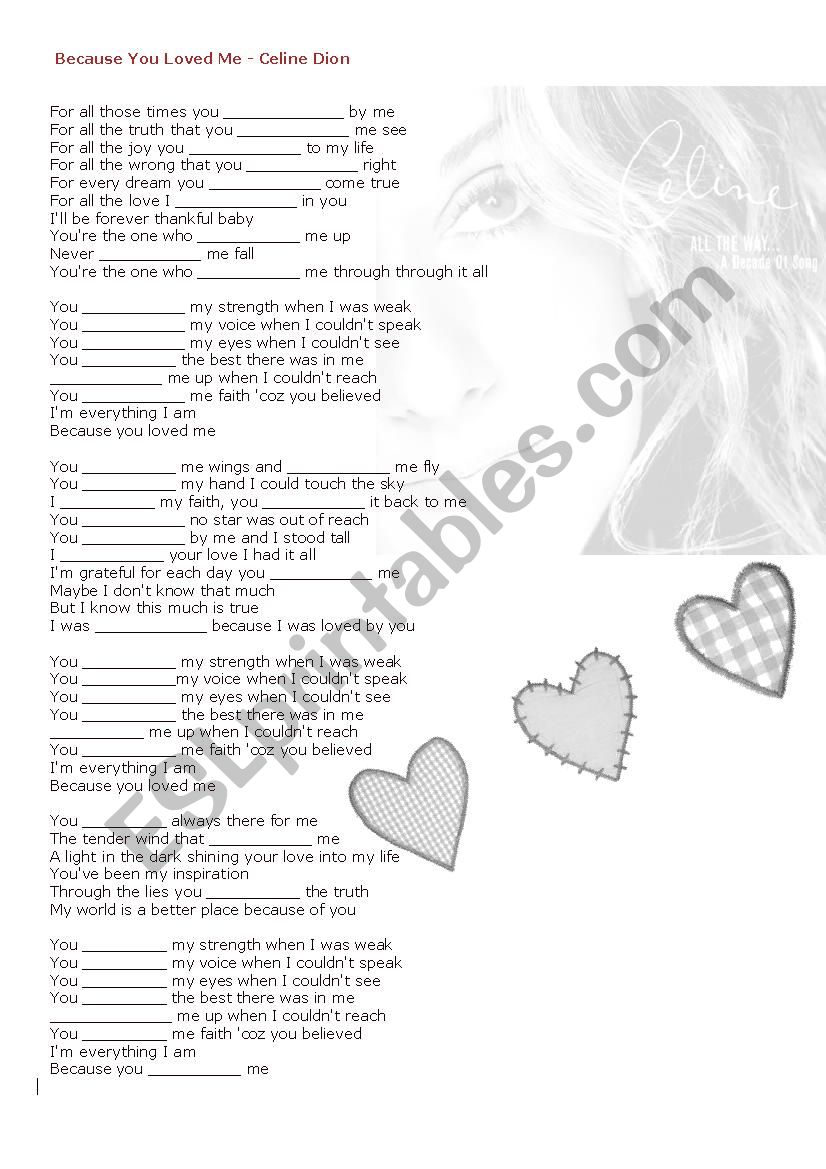 Because you loved me  worksheet