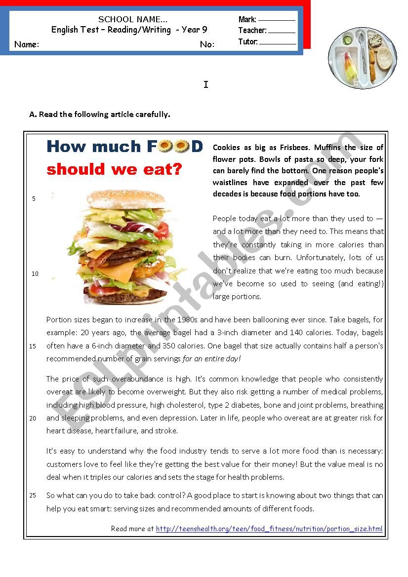 How much food should we eat?  -  Reading & Writing test - Intermediate B1 