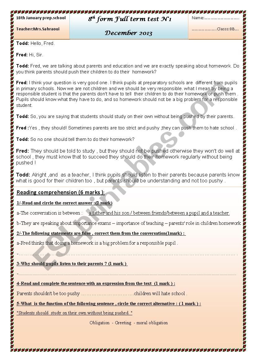 8th form Full term test N1 worksheet