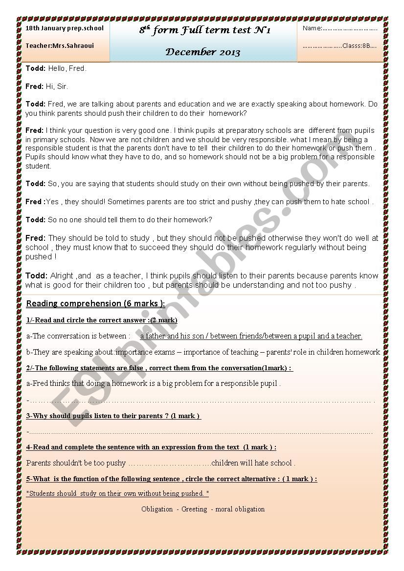 8th form Full term test NÂ°1 worksheet