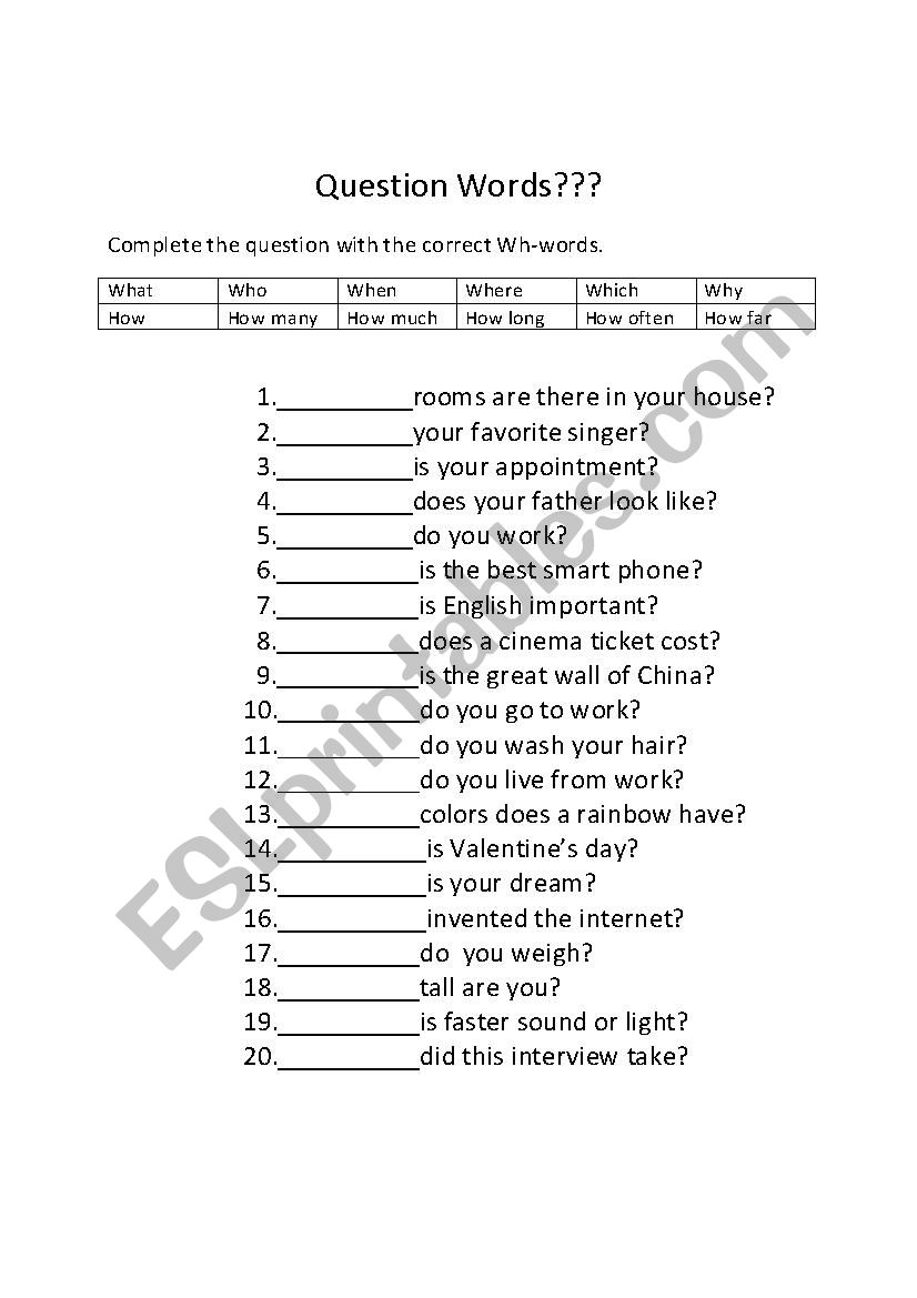 Question Words worksheet