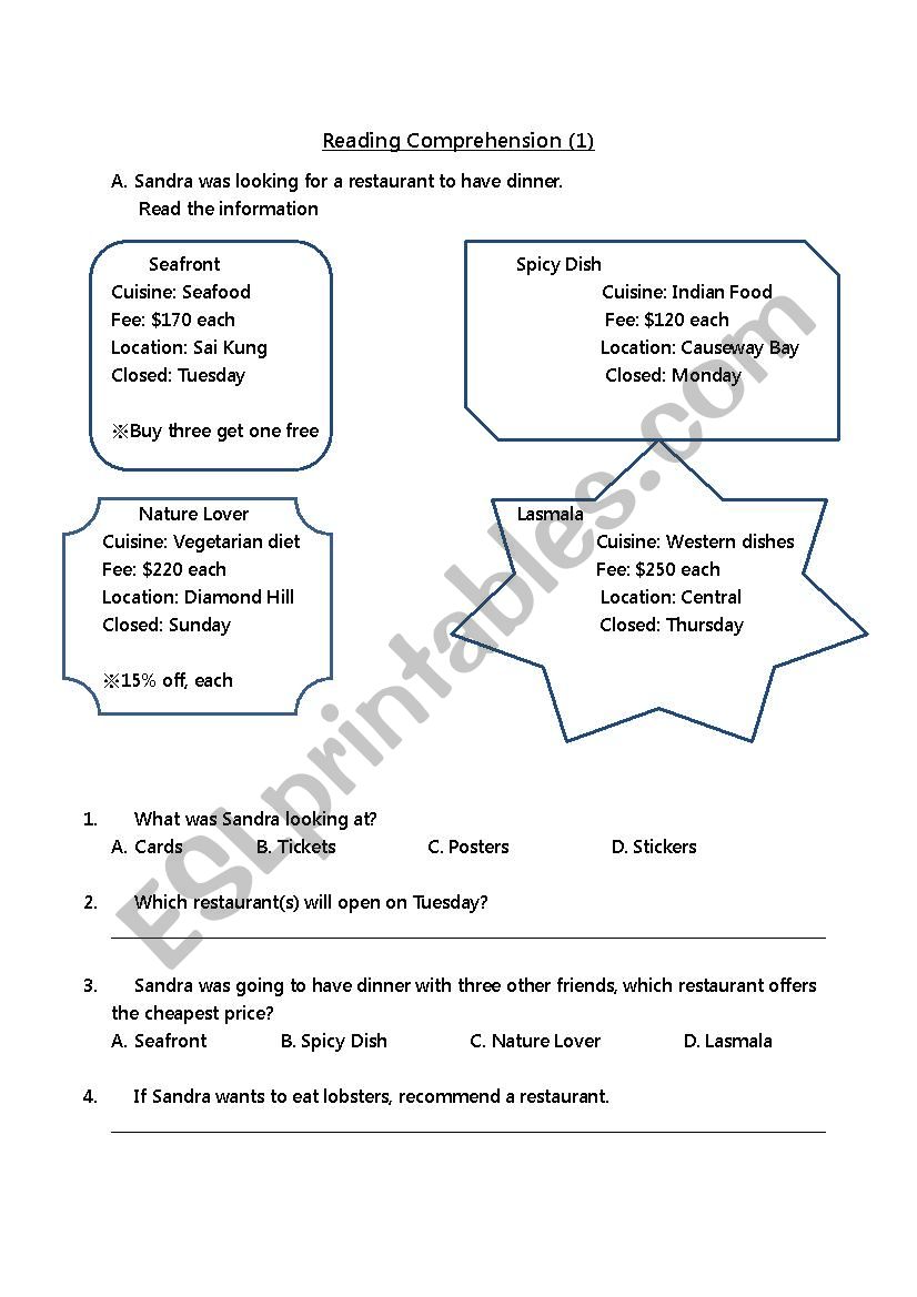 Reading comprehension- choosing a restaurant