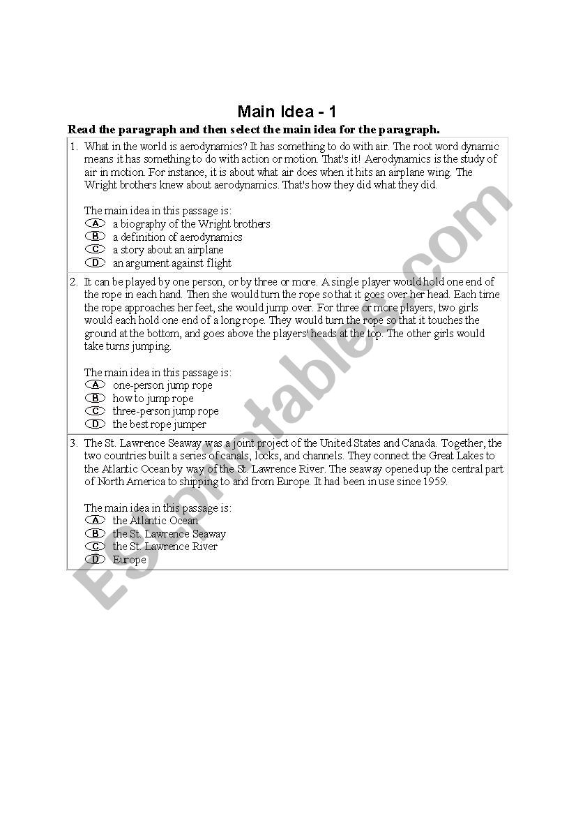 Main Idea Worksheet worksheet
