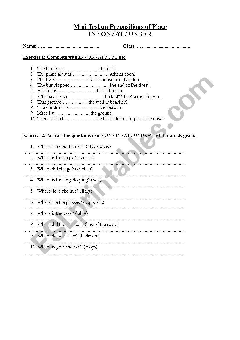 Mini Test on Prepositions of Place IN / ON / AT / UNDER