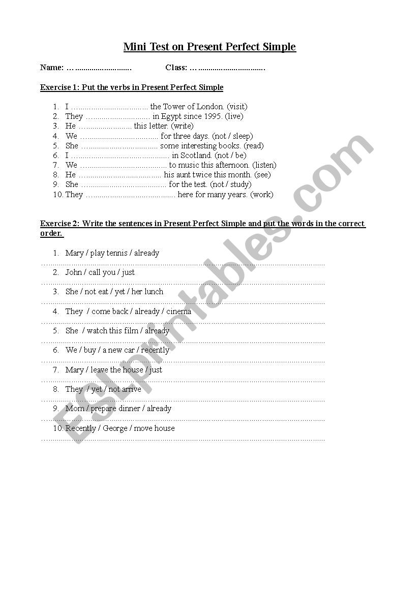 Mini Test on Present Perfect Simple