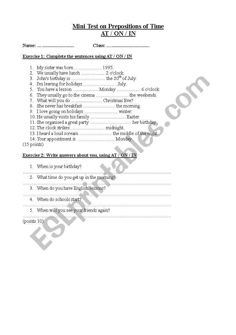 Mini Test on Prepositions of Time AT / ON / IN